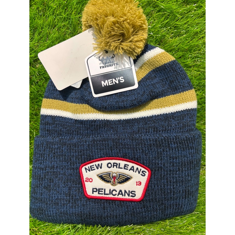 Fan Favorite New Orleans Pelicans NBA Mens Beanie Navy Blue Gold Striped Pom Hat